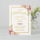 Huwelijksjubileum Elegante Roze Bloemen Echte Goud Folie Uitnodiging (Staand Voorkant)