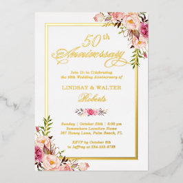 Huwelijksjubileum Elegante Roze Bloemen Echter Gou Folie Uitnodiging