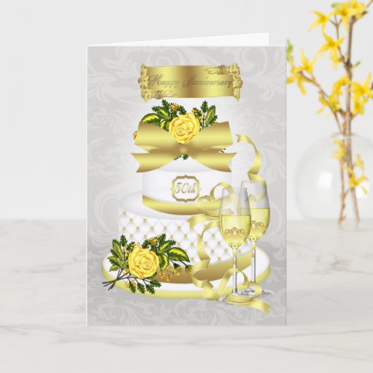 Huwelijksjubileum Kaart Met Taart (Gele Bloem)