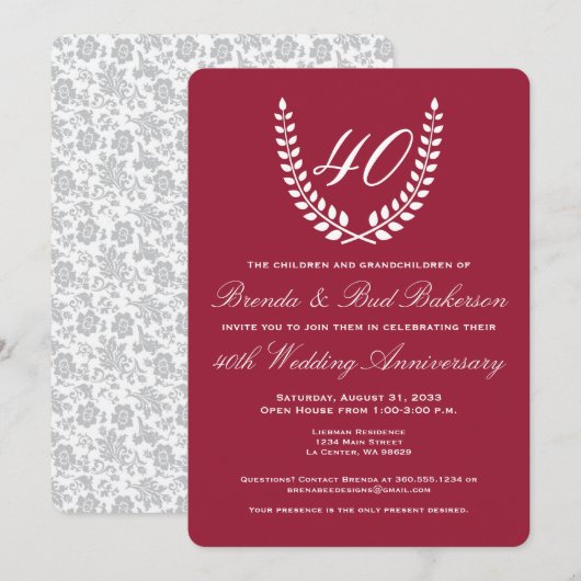 Huwelijksjubileum - Robijnrood met Witte Laurier Kaart (Voorkant / Achterkant)