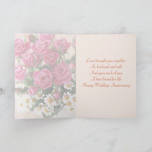Huwelijksjubileum - rozen en madeliefjes-kamille kaart (Binnen)