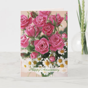 Huwelijksjubileum - rozen en madeliefjes-kamille kaart