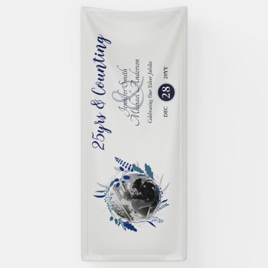 Huwelijksjubileumfeestje FOTO Welkom Blauw Grijs Spandoek (Verticaal)