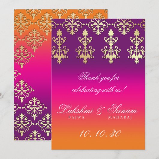 Huwelijkskaart met tafelnummer in paars oranje voo (Voorkant / Achterkant)