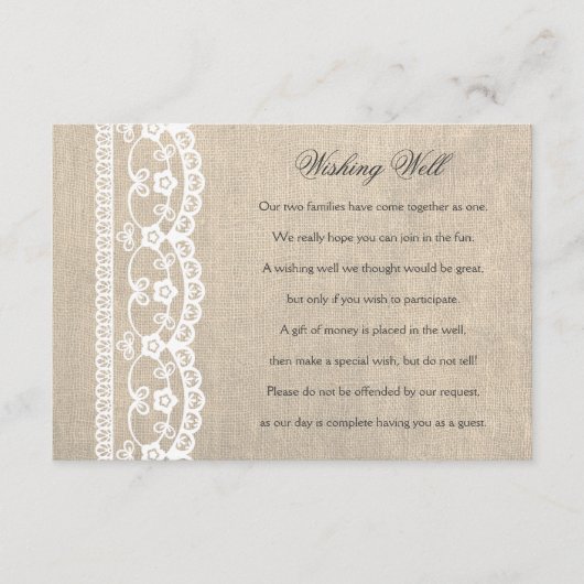 Huwelijkskaart met witte kant en jute wensput informatiekaartje (Voorkant)