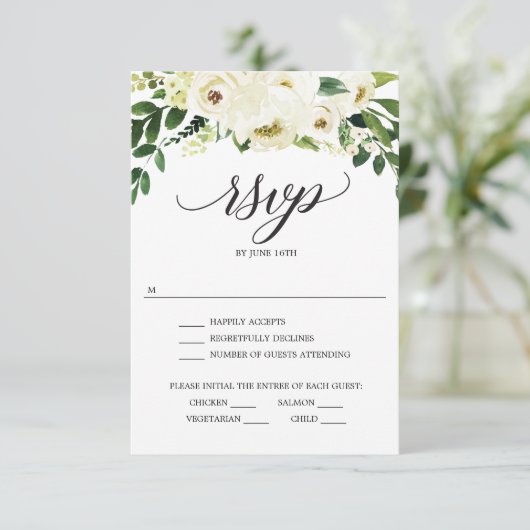 Huwelijkskaart RSVP White Roses Kaart (Staand voorkant)