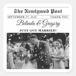 Huwelijkskrant Fun Zwart & Wit Foto Favor Vierkante Sticker