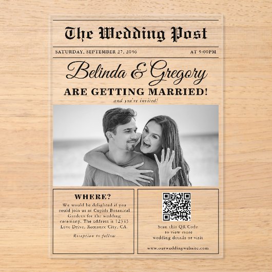 Huwelijkskrant Leuk Zwart & Wit Foto Bruiloft Acryl Uitnodigingen (Voorkant)