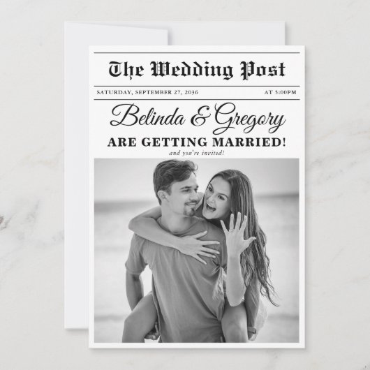 Huwelijkskrant Leuk Zwart & Wit Foto Bruiloft Kaart (Voorkant)