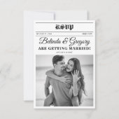 Huwelijkskrant Leuk Zwart & Wit Foto Bruiloft RSVP Kaartje (Voorkant)