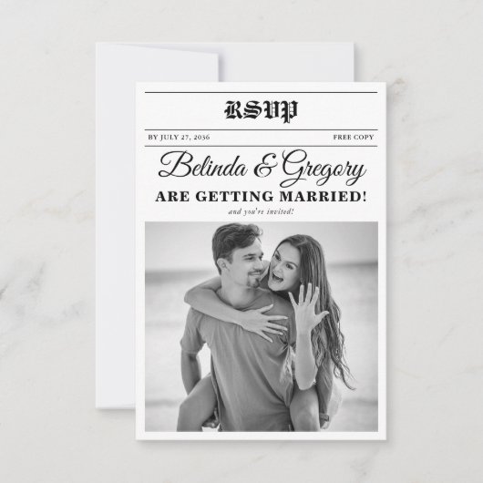 Huwelijkskrant Leuk Zwart & Wit Foto Bruiloft RSVP Kaartje (Voorkant)