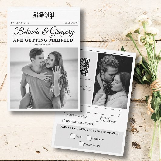 Huwelijkskrant Leuk Zwart & Wit Foto Bruiloft RSVP Kaartje