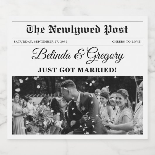 Huwelijkskrant Leuk Zwart & Wit Foto Bruiloft Sparkling Wijnetiket (Enkel label)