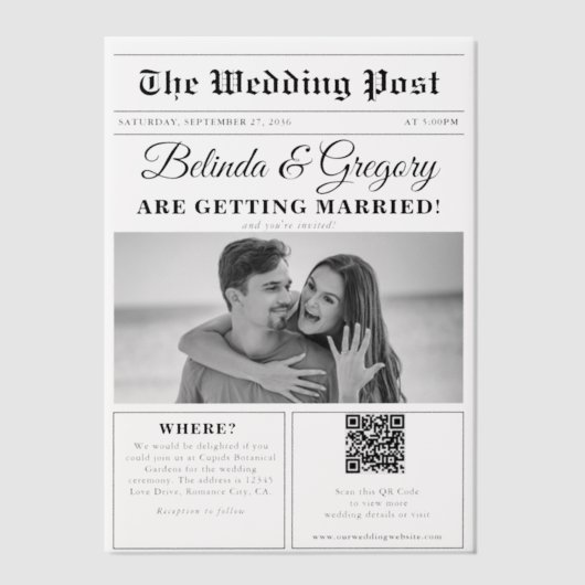 Huwelijkskrant Leuk Zwart & Wit Foto Bruiloft Vellum Uitnodigingen (Voorkant)