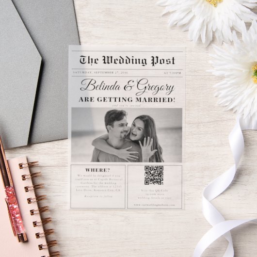 Huwelijkskrant Leuk Zwart & Wit Foto Bruiloft Vellum Uitnodigingen (Huwelijk)