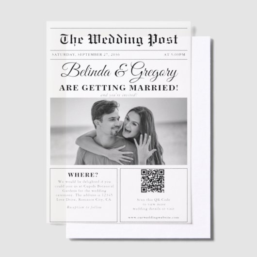 Huwelijkskrant Leuk Zwart & Wit Foto Bruiloft Vellum Uitnodigingen (Offset)