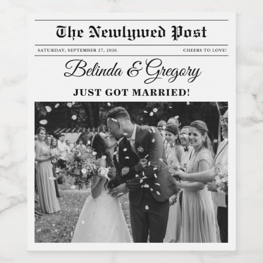 Huwelijkskrant Leuk Zwart & Wit Foto Bruiloft Wijn Etiket (Enkel label)