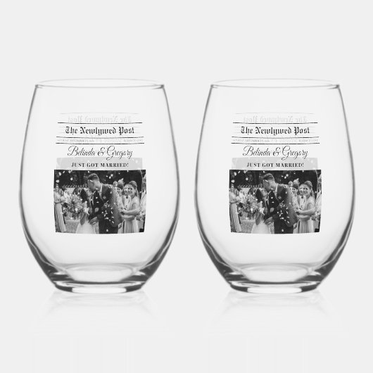 Huwelijkskrant Leuk Zwart & Wit Foto Bruiloft Wijnglas Zonder Voet (Achterkant)