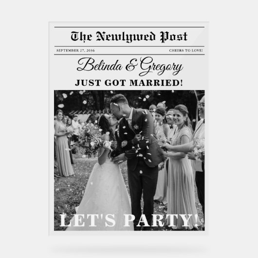 Huwelijkskrant Leuk Zwart & Wit Foto Welkom Acryl Bord (Voorkant)