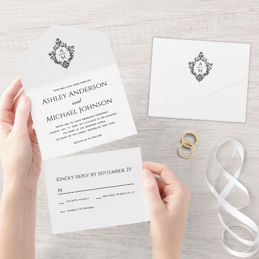 Huwelijkskreet zwart-wit Monogram RSVP All In One Uitnodiging