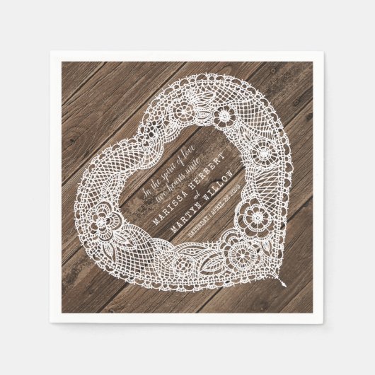 Huwelijksland rustiek hout en kant hart servetten (Voorkant)