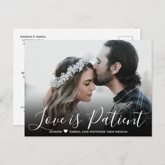 Huwelijksliefde is patiënt uitgesteld Eenvoudige f Aankondigingskaart (Voorkant / Achterkant)