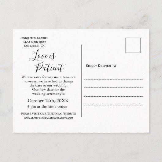 Huwelijksliefde is patiënt uitgesteld Eenvoudige f Aankondigingskaart (Achterkant)