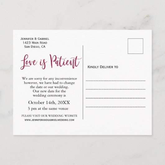 Huwelijksliefde is patiënt uitgesteld Eenvoudige f Aankondigingskaart (Achterkant)