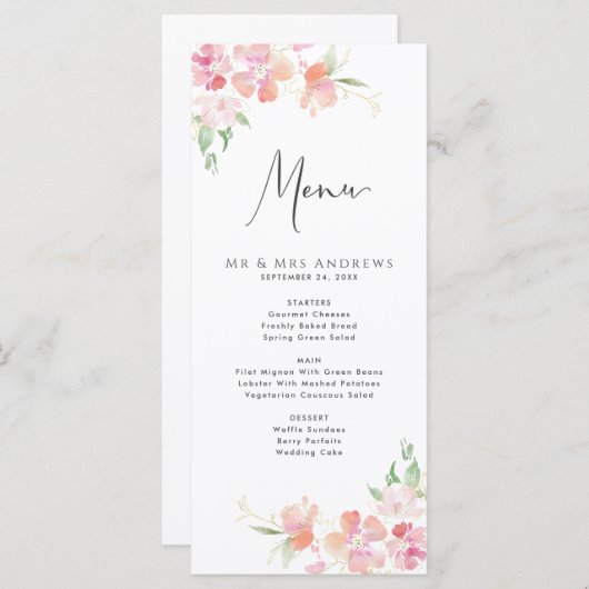 Huwelijksmenu | Bloemen Blush Roze & Koraal Menu (Voorkant / Achterkant)