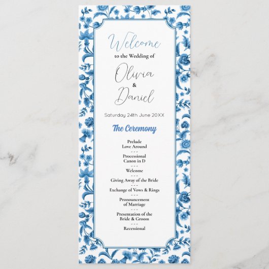 Huwelijksmenu Ceremonie Chintz Blauw & Wit Bloemen Programmakaart (Voorkant)