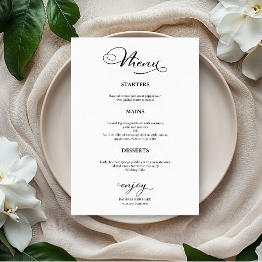 Huwelijksmenu Eenvoudige Elegante Calligrafie Menu