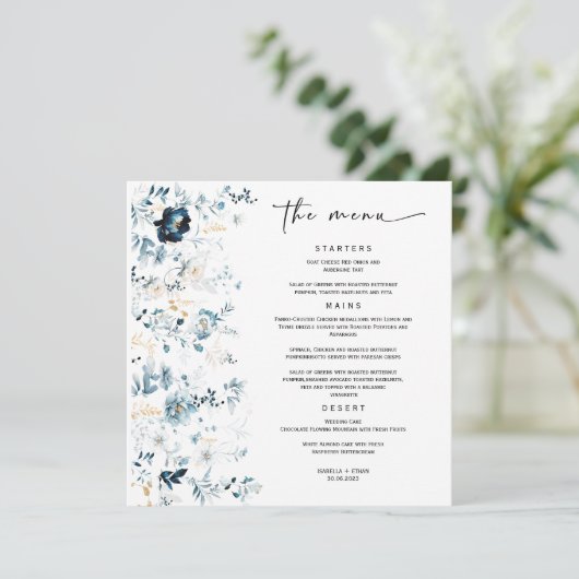 Huwelijksmenu sjabloon Navy Blue en Goud Menu (Staand voorkant)