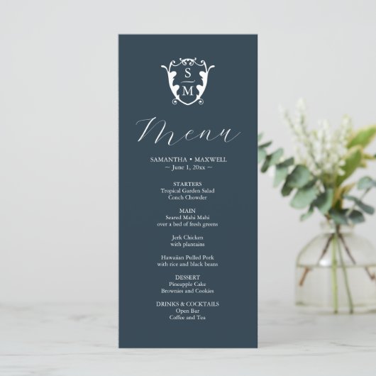Huwelijksmenu's Eenvoudig Monogram Crest Blue Menu (Staand voorkant)