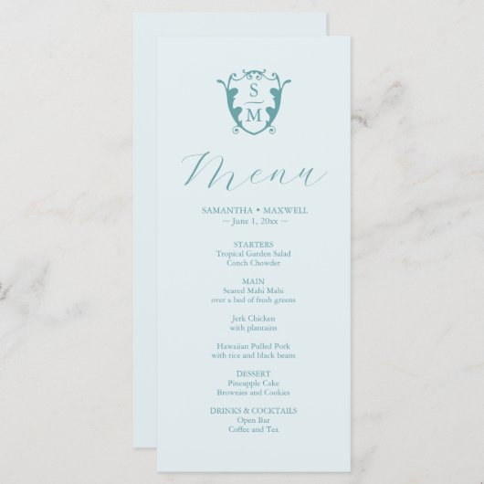 Huwelijksmenu's Eenvoudig Monogram Crest Blue Menu (Voorkant / Achterkant)