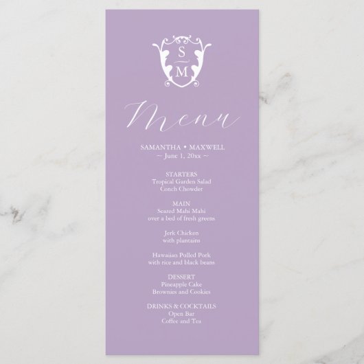 Huwelijksmenu's Eenvoudig Monogram Crest Lila Menu (Voorkant)