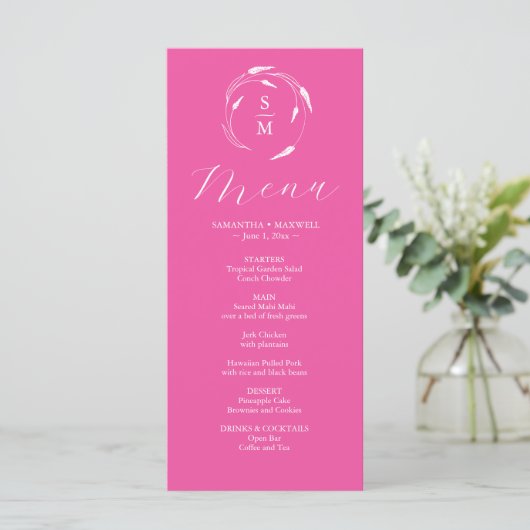 Huwelijksmenu's Eenvoudig Monogram Fuchsia Roze Menu (Staand voorkant)