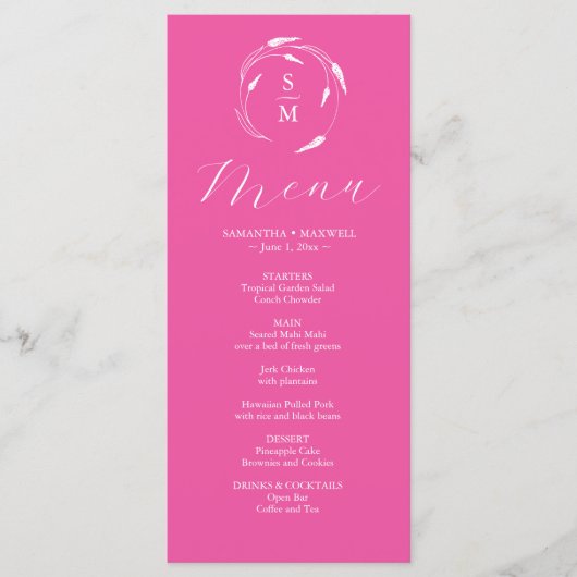 Huwelijksmenu's Eenvoudig Monogram Fuchsia Roze Menu (Voorkant)