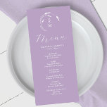 Huwelijksmenu's Eenvoudige Monogram Lavendel Menu<br><div class="desc">Dit elegante lavendel bruiloft menu beschikt over een eenvoudig monogram met de bruid en bruidegom initialen omgeven door witte lijn kunst. Het woord "Menu" is ingesteld in kalligrafie script. Gebruik de sjabloon velden om uw aangepaste menu-items toe te voegen. Perfect voor bruiloften,  repetitie diner,  verlovingsfeesten en meer.</div>