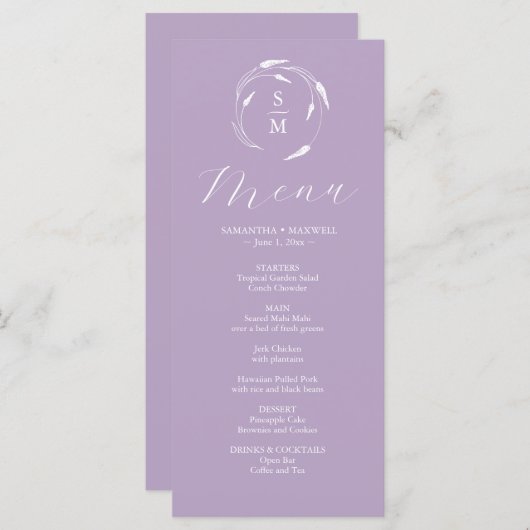 Huwelijksmenu's Eenvoudige Monogram Lavendel Menu (Voorkant / Achterkant)