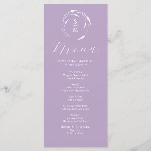 Huwelijksmenu's Eenvoudige Monogram Lavendel Menu (Voorkant)