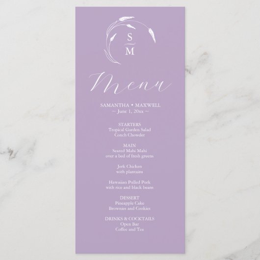 Huwelijksmenu's Eenvoudige Monogram Lavendel Menu (Voorkant)
