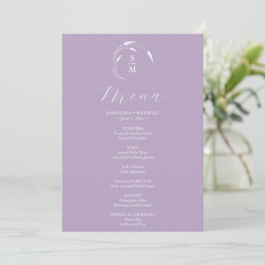 Huwelijksmenu's Eenvoudige Monogram Lavendel Menu (Staand voorkant)