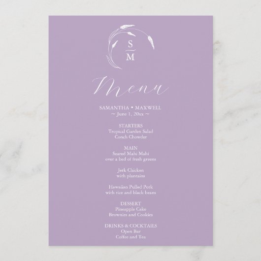 Huwelijksmenu's Eenvoudige Monogram Lavendel Menu (Voorkant)