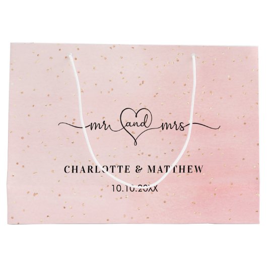 Huwelijksmiddel: de heer mrs hartscript gooit roze groot cadeauzakje (Achterkant)