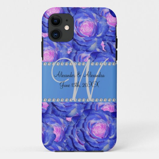 Huwelijksmonogram blauw roos Case-Mate iPhone case (Achterkant)
