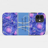 Huwelijksmonogram blauw roos Case-Mate iPhone case (Achterkant (horizontaal))
