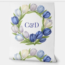 Huwelijksmonogram Blauwe Tulp Krans Waterverf Behang