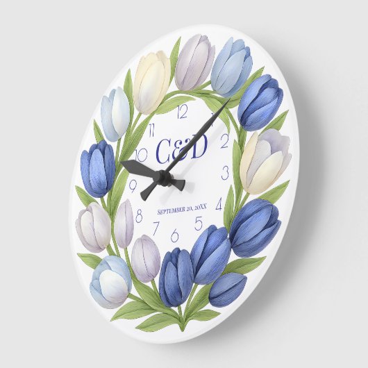 Huwelijksmonogram Blauwe Tulp Krans Waterverf Grote Klok (Hoek)