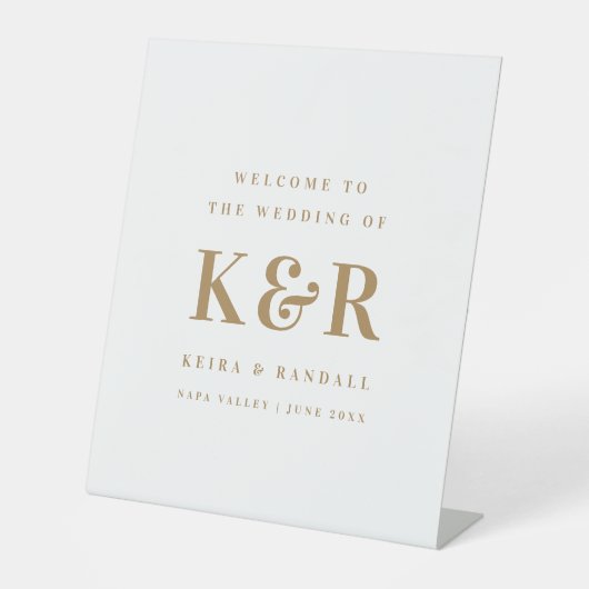 Huwelijksmonogram Goud en Wit Welkom Reclamebord Met Voetstuk (Voorkant)
