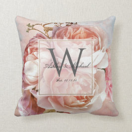 Huwelijksmonogram in Schrijfletters | Roze Rozen P Kussen
